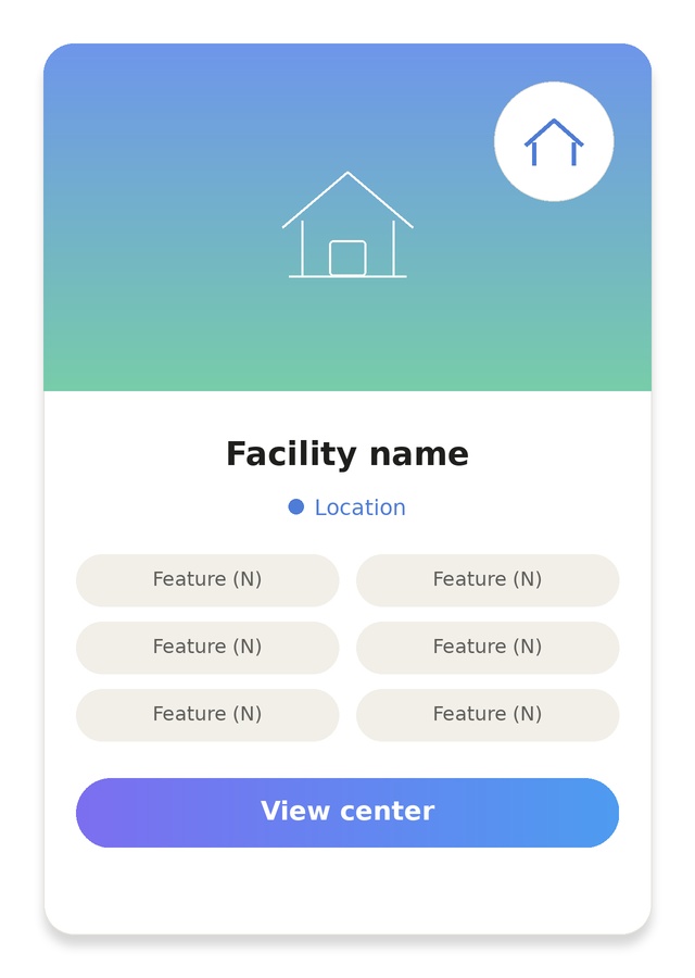 Example of a facility card layout showing image, name, location, and features