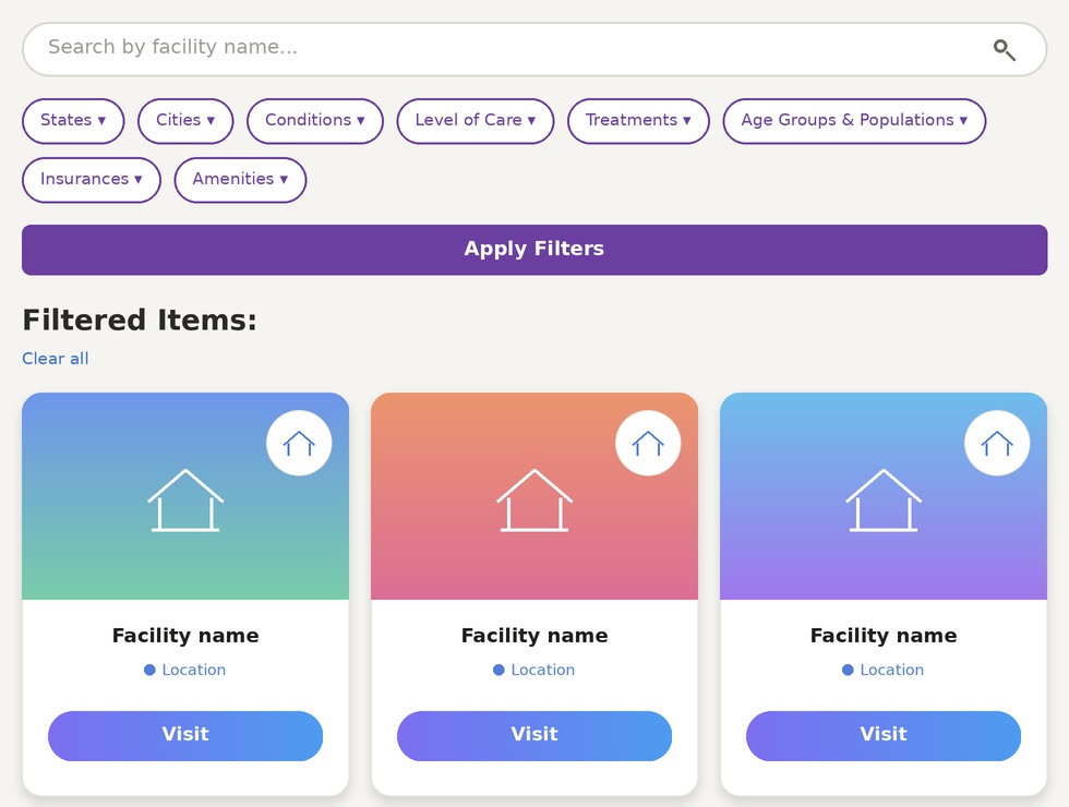 Preview of the directory search and listing interface, showing filters and facility cards